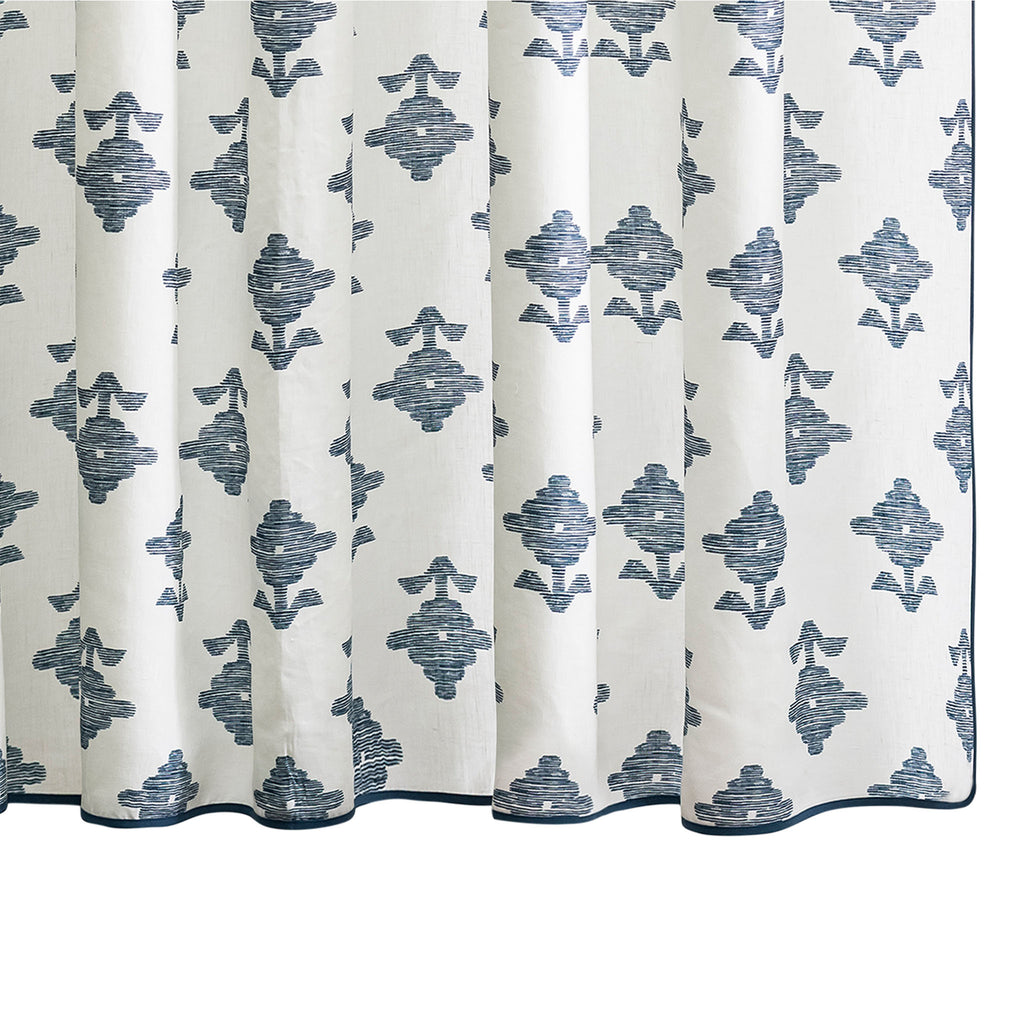 Elevate your bathroom with Matouk's Rubia Shower Curtain. Crafted from 100% linen, this luxurious curtain features navy blue blossoms and taped hems for an elegant touch. The oversized design accounts for shrinkage and is OEKO-TEX® Standard 100 certified. Custom sizes are available.