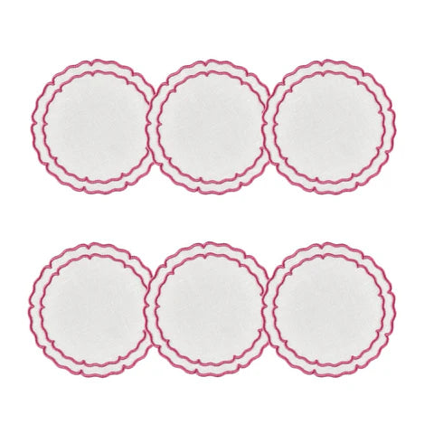 Skyros Designs Scalloped Round Coaster - White with Fuchsia